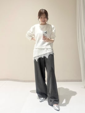 「nissen（ニッセン）の【ゆったり幅広】ベルトストラップポインテッドトゥパンプス（低反発中敷）（ワイズ４Ｅ）（バレエシューズ、シルバー系）」を使った、ゆらりさん（レディース・154cm）の秋コーディネート