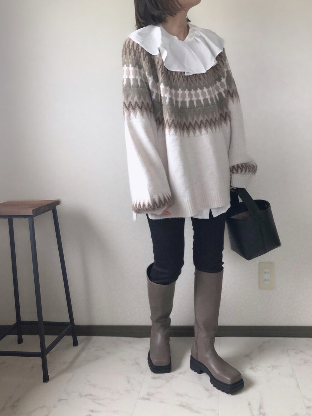 「秋のコーデ、ロングブーツ、ノルディック柄、あしながおじさん、byあしながおじさん、corners、コーナーズ」｜「CORNERSの【インフルエンサーKRさん×CORNERSコラボ】ノルディックニット（ニット/セーター、ホワイト系）」を使った、uaさん（レディース・153cm）の秋コーディネートの1枚目の写真