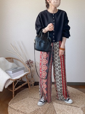 「CORNERS（コーナーズ）のCORNERS by KR　エスニックストライプワイドパンツ（その他パンツ）」を使った、uaさん（レディース・154cm）の春コーディネート
