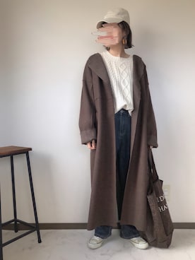 「ケーブルニット」｜「アイテム（ノーカラーコート）」を使った、uaさん（レディース・153cm）の秋コーディネート