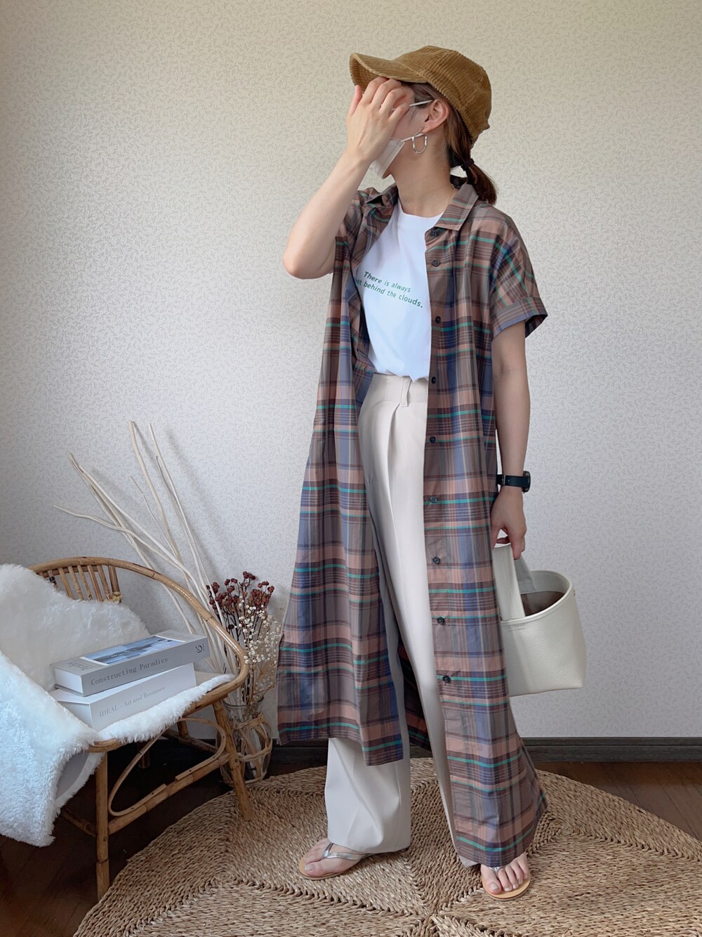 「コトリカ、シャツワンピ、チェックワンピース、ANGIE VINTAGE、ロゴT、tiptop、大人カジュアル、FORK&SPOON、真夏のアクティブスタイル」｜「FORK&SPOONのFORK&SPOON　カラーチェックショートスリーブワンピース（ワンピース、ブラウン系）」を使った、uaさん（レディース・154cm）の夏コーディネートの1枚目の写真