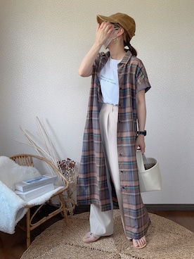 「チェックワンピース」｜「アイテム（スラックス）」を使った、uaさん（レディース・154cm）の夏コーディネート