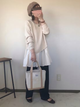 「niko and...（ニコアンド）のオリジナルカラーベレー【niko and ...】（ハンチング/ベレー帽）」を使った、uaさん（レディース・153cm）の秋コーディネート