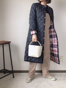 「MACKINTOSH PHILOSOPHY（ﾏｯｷﾝﾄｯｼｭ ﾌｨﾛｿﾌｨｰ）のアイテム（ノーカラーコート）」を使った、uaさん（レディース・153cm）の秋コーディネート