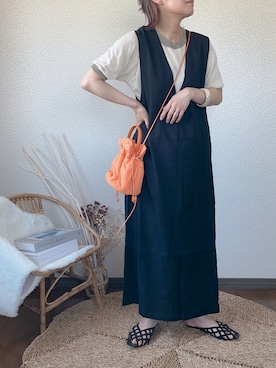「ANGIE（アンジー）のリネンタッチVネックワンピース（ワンピース）」を使った、uaさん（レディース・154cm）の夏コーディネート