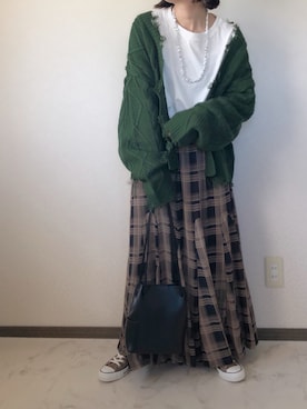 「ダメージカーディガン」｜uaさん（レディース・153cm）の秋コーディネート