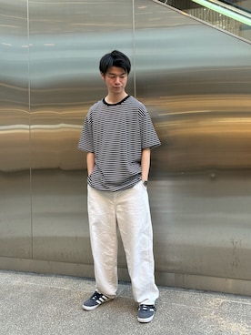 「ITEMS URBANRESEARCH（アイテムズ アーバンリサーチ）のポンチボーダー ショートスリーブカットソー（Tシャツ/カットソー、ブラック系）」を使った、陽介さん（メンズ・170cm）の春コーディネート