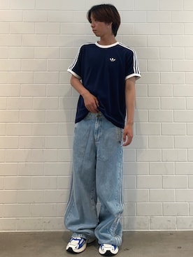 「adidas（アディダス）のアディブレイク ミッドライズ ワイドレッグ デニムパンツ / アディダスオリジナルス adidas Originals（デニムパンツ、ブルー系）」を使った、TMさん（メンズ・167cm）の夏コーディネート