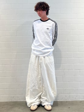 「adidas（アディダス）のスリーストライプス ロングスリーブ Tシャツ / ロンT / アディダスオリジナルス adidas Originals（Tシャツ/カットソー、ホワイト系）」を使った、TMさん（メンズ・167cm）の夏コーディネート