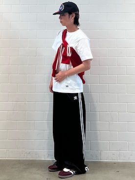 「adidas（アディダス）のサテン ワイドレッグ トラックパンツ / バギーパンツ / アディダスオリジナルス adidas Originals（その他パンツ、ブラック系）」を使った、TMさん（メンズ・167cm）の夏コーディネート