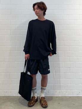 「adidas（アディダス）のクロシェ トート バッグ / アディダスオリジナルス adidas Originals（エコバッグ/サブバッグ、ブラック系）」を使った、TMさん（メンズ・167cm）の夏コーディネート
