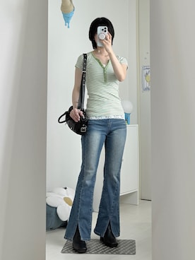 「Hollister（ホリスター）のアイテム（Tシャツ/カットソー、グリーン系）」を使った、y0n0さん（レディース・165cm）の夏コーディネート