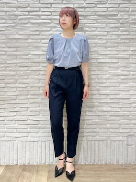 「index（インデックス）の【吸水速乾】ストライプ調デザインスリーブトップス《洗濯機OK》（Tシャツ/カットソー、ブルー系）」を使った、Hana...eさん（レディース・159cm）の夏コーディネート