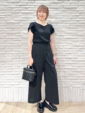 「index（インデックス）の【接触冷感／UVケア】ハートネックレースレイヤードトップス《洗濯機OK／6col》（Tシャツ/カットソー、ブラック系）」を使った、Hana...eさん（レディース・159cm）の夏コーディネート