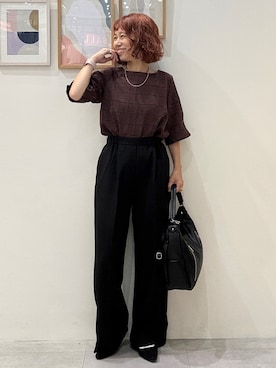「SHOO・LA・RUE（シューラルー）の【セットアップ可/S-LL】夏でも感じられる秋気分 モールチェックタックスリーブ ブラウス（シャツ/ブラウス、ブラウン系）」を使った、たけぴさん（レディース・150cm）の夏コーディネート