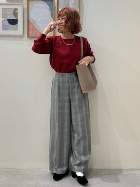 「SHOO・LA・RUE（シューラルー）の【洗濯機可/S-LL】抜け感ある着こなしに 金ボタン付き スポンディッシュ クルーネックニット（ニット/セーター、レッド系）」を使った、たけぴさん（レディース・150cm）の秋コーディネート
