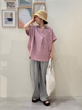 「SHOO・LA・RUE（シューラルー）の【ひんやり/UV】インせず着られる フレンチリネンスキッパーシャツ（シャツ/ブラウス、ピンク系）」を使った、たけぴさん（レディース・150cm）の春コーディネート