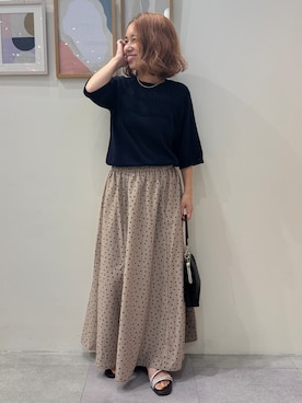 「SHOO・LA・RUE（シューラルー）の【S-LL/二の腕カバー】品よく決まる 5分袖デザインニット（ニット/セーター、ブルー系）」を使った、たけぴさん（レディース・150cm）の夏コーディネート