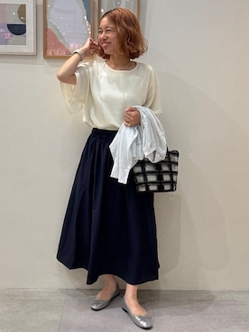 「SHOO・LA・RUE（シューラルー）の【さらり快適/洗濯機可/S-LL】シアーラメカーディガン（カーディガン/ボレロ、ホワイト系）」を使った、たけぴさん（レディース・150cm）の夏コーディネート