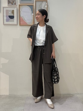 「SHOO・LA・RUE（シューラルー）の【S-LL/洗濯機可/セットアップ可】軽凛(かろりん) ひんやり半袖ジャケット（テーラードジャケット、ブラウン系）」を使った、たけぴさん（レディース・150cm）の春コーディネート
