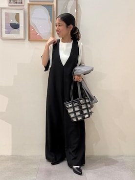 「SHOO・LA・RUE（シューラルー）の【洗濯機可/UV/SS-3L】すっきり好印象 ノーカラージャケット（ノーカラージャケット、グレー系）」を使った、たけぴさん（レディース・150cm）の春コーディネート