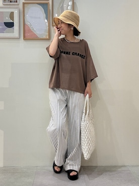 「SHOO・LA・RUE（シューラルー）の【体型カバー】程よい透け感 デザインアソート さらっとシアーニット（ニット/セーター、ブラウン系）」を使った、たけぴさん（レディース・150cm）の春コーディネート