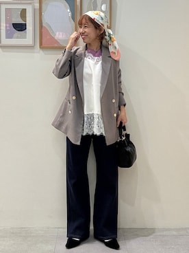 「SHOO・LA・RUE（シューラルー）の【セットアップ可/通勤/洗濯機可/SS-LL】オンオフ使える ダブルブレストジャケット（テーラードジャケット、ブラウン系）」を使った、たけぴさん（レディース・150cm）の秋コーディネート