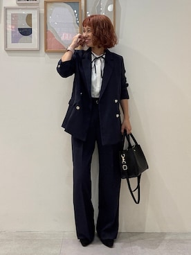 「SHOO・LA・RUE（シューラルー）の【セットアップ可/通勤/洗濯機可/SS-LL】オンオフ使える ダブルブレストジャケット（テーラードジャケット、ブルー系）」を使った、たけぴさん（レディース・150cm）の秋コーディネート