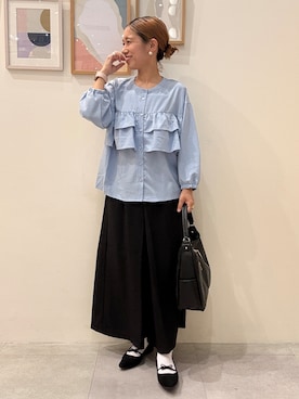 「SHOO・LA・RUE（シューラルー）の【S-LL/洗濯機可】1枚で華やか フロントティアードブラウス（シャツ/ブラウス、ブルー系）」を使った、たけぴさん（レディース・150cm）の夏コーディネート