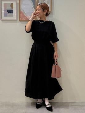 「SHOO・LA・RUE（シューラルー）の【セットアップ可/S-LL】夏でも感じられる秋気分 モールチェックタックスリーブ ブラウス（シャツ/ブラウス、ブラック系）」を使った、たけぴさん（レディース・150cm）の夏コーディネート
