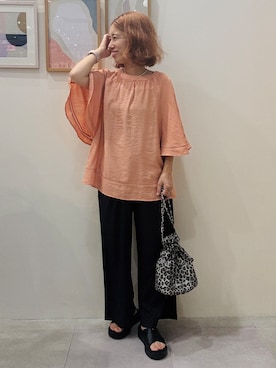 「SHOO・LA・RUE（シューラルー）の【ひんやり/S-LL/洗濯機可】体型カバー ふんわりスラブポンチョ風ブラウス（シャツ/ブラウス、オレンジ系）」を使った、たけぴさん（レディース・150cm）の夏コーディネート