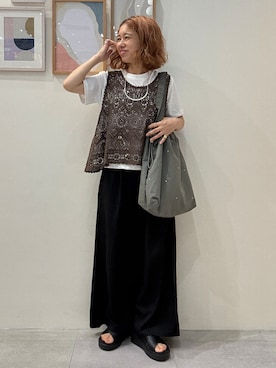 「SHOO・LA・RUE（シューラルー）の【S-LL/体型カバー】穿くだけでこなれスタイルに サッカーストライプ イージーワイドパンツ（その他パンツ、ブラック系）」を使った、たけぴさん（レディース・150cm）の夏コーディネート