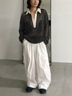 「Lutim by u（ルチバイユー）のメッシュ2WAYシルエットポロトップス（Tシャツ/カットソー、ブラック系）」を使った、lutimbyuさん（レディース・155cm）の春コーディネート