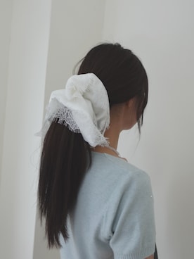 「Lutim by u（ルチバイユー）のレース付スクエアサテンシュシュ（シュシュ、ホワイト系）」を使った、lutimbyuさん（レディース・155cm）の夏コーディネート