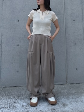 「Lutim by u（ルチバイユー）のSherbet Touch Polo Collar Random Rib Tops / シャーベットタッチポロ襟ランダムリブトップス（Tシャツ/カットソー、ホワイト系）」を使った、lutimbyuさん（レディース・155cm）の春コーディネート