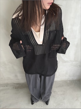 「Lutim by u（ルチバイユー）のメッシュ2WAYシルエットポロトップス（Tシャツ/カットソー、ブラック系）」を使った、lutimbyuさん（レディース・155cm）の春コーディネート