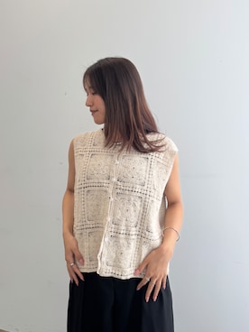 「Lutim by u（ルチバイユー）のCrochet Lace Vest / クロシェレースベスト（ベスト、ベージュ系）」を使った、lutimbyuさん（レディース・155cm）の春コーディネート