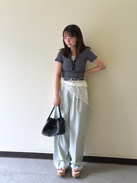 「Lutim by u（ルチバイユー）のボーダーヘンリーネックコンパクトトップス（Tシャツ/カットソー、ブルー系）」を使った、lutimbyuさん（レディース・154cm）の夏コーディネート