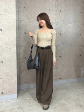 「Lutim by u（ルチバイユー）のツータックワイドスラックスパンツ（スラックス、ブラウン系）」を使った、lutimbyuさん（レディース・155cm）の春コーディネート