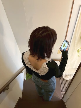 「Lutim by u（ルチバイユー）のカップ付フリルオープンリブトップス（Tシャツ/カットソー、ブラック系）」を使った、lutimbyuさん（レディース・155cm）の春コーディネート