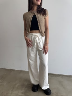 「Lutim by u（ルチバイユー）のBasket-knit cardigan with French sleeves / バスケット編みニットフレンチ袖・カーディガン（カーディガン/ボレロ、ベージュ系）」を使った、lutimbyuさん（レディース・155cm）の春コーディネート