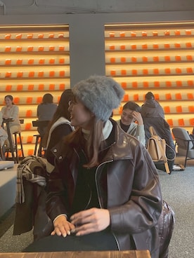 「Lutim by u（ルチバイユー）のオーバーサイズフェイクレザージャケット（ブルゾン、ブラウン系）」を使った、lutimbyuさん（レディース・155cm）の春コーディネート