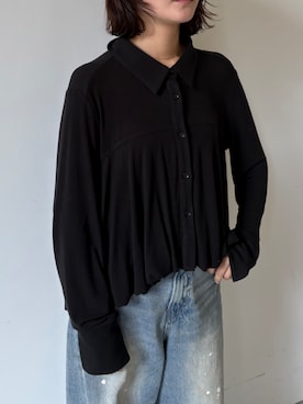 「Lutim by u（ルチバイユー）のスムースタッチバルーンポロトップス（シャツ/ブラウス、ブラック系）」を使った、lutimbyuさん（レディース・155cm）の春コーディネート