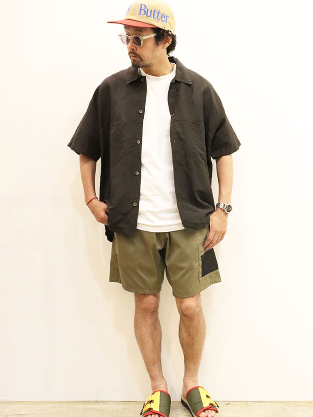 「ラフ、カジュアル、夏コーデ、シャツコーデ、半袖シャツ、短パン、アウトドアスタイル、サンダル、キャップ、ootd」｜「BUTTER GOODSのアイテム（キャップ、ブラウン系）」を使った、twothings&thinkさん（メンズ・168cm）の夏コーディネートの1枚目の写真