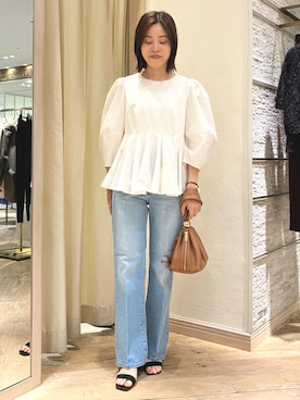 「Rie Miller（リエミラー）の【追加】《5サイズ展開》【RM denim】センタープレスデニム（デニムパンツ、ブルー系）」を使った、nol yamaさん（レディース・160cm）の夏コーディネート