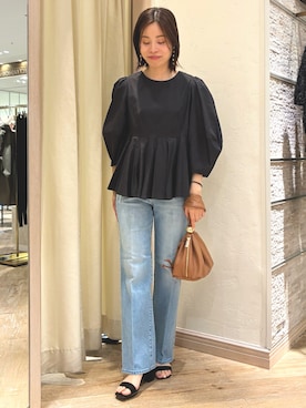 「Rie Miller（リエミラー）の【追加】《5サイズ展開》【RM denim】センタープレスデニム（デニムパンツ、ブルー系）」を使った、nol yamaさん（レディース・160cm）の夏コーディネート