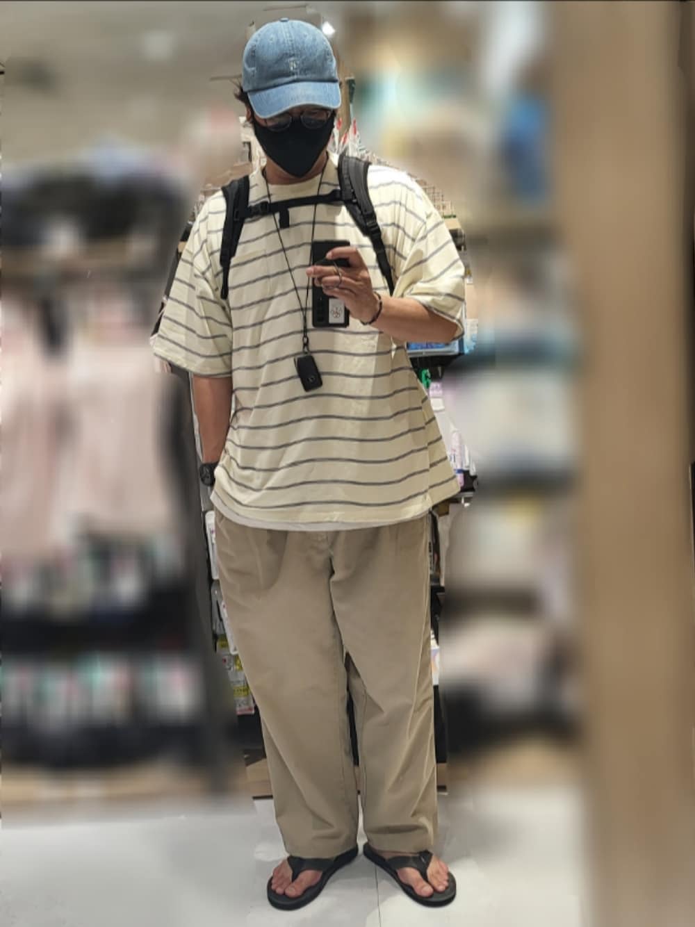「夏コーデ、メンズファッション、大人カジュアル、今日のコーデ、休日コーデ、シンプルスタイル、デニムキャップ、ポロチノ、古着、ビーチサンダル」｜「RAINBOW SANDALSのレインボーサンダル（サンダル、ブラック系）」を使った、taka1010🌈さん（メンズ・182cm）の夏コーディネートの1枚目の写真