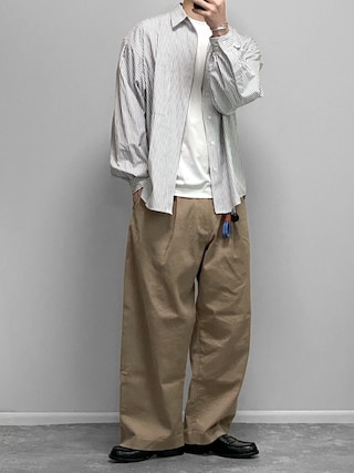 「SINSS（シンス）のLoose fit stripe shirt / ルーズフィットストライプシャツ（シャツ/ブラウス）」を使った、gakuさん（メンズ・128cm）の春コーディネート