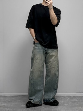 「WYM LIDNM（ウィム バイ リドム）のVINTAGE WASHED CURVED DENIM（デニムパンツ、ブルー系）」を使った、gakuさん（メンズ・173cm）の春コーディネート