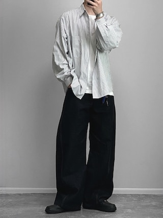 「SINSS(シンス)のLoose fit stripe shirt / ルーズフィットストライプシャツ(シャツ/ブラウス)」を使った、gakuさん(メンズ・173cm)の春コーディネート